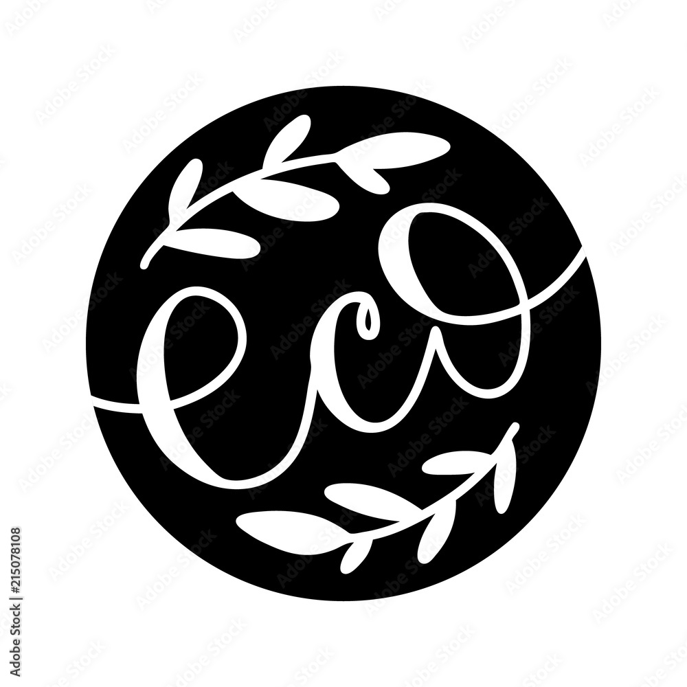 Black circle label with hand-drawn lettering - Eco. Healthy lifestyle logo with floral decor elements. Black circle label with hand-drawn lettering - Eco. Healthy lifestyle logo with floral decor elements.
