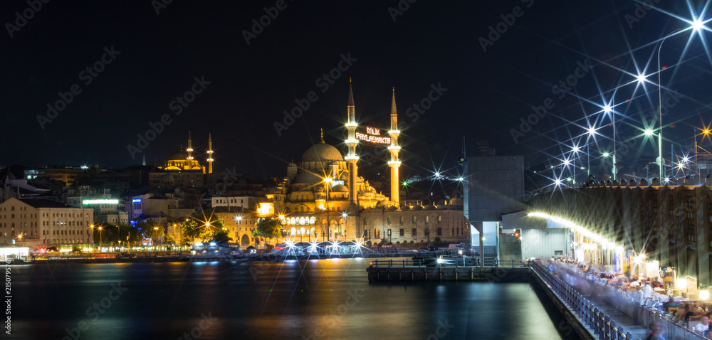 Long exposure shot of Yeni(New) Mosque,Eminonu and Galata Bridge