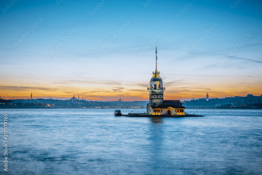TURKEY -ISTANBUL:5 MARCH 2017 ,Maiden Tower,medieval building/lighthouse,(Tower of Leandros,Turkish: Kiz Kulesi) at entrance to Bosporus Strait with Hagia Sophia and Blue Mosque in far distance