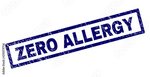 Rectangle ZERO ALLERGY seal imprint with distress texture. Rubber seal imitation has rectangle frame. Blue vector rubber print of ZERO ALLERGY label with dust texture.