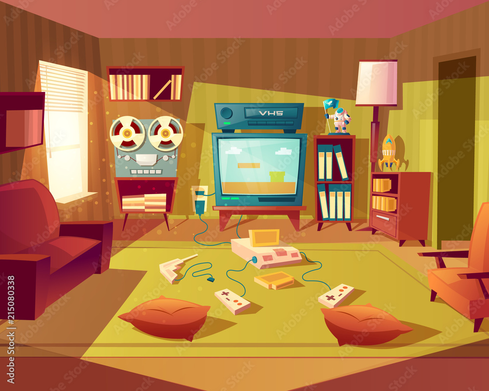 Vector illustration of cartoon living room at 80s, 90s. Video games, VHS  recorder for children. Front