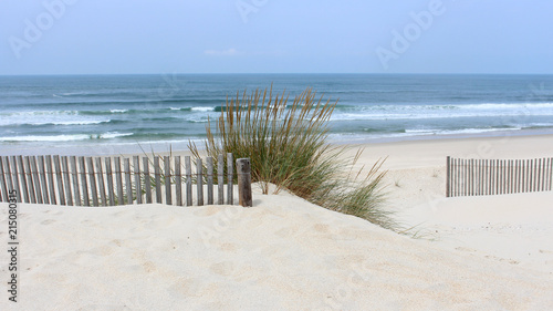 Early morning at Vagueira Beach with sea oats and dune fence in Aveiro, Portugal