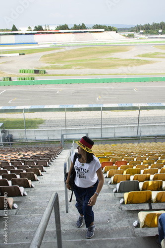 Traveler thai women visit and posing for take photo in Hockenheimring a motor racing course photo