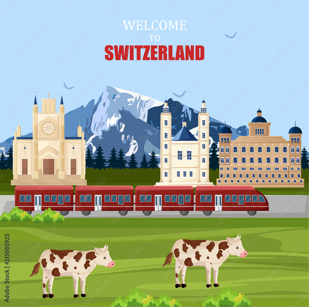Switzerland landscape background Vector. Famous city architecture with  mountains view and cows. National symbol red train passing over cartoon  illustration Stock Vector | Adobe Stock