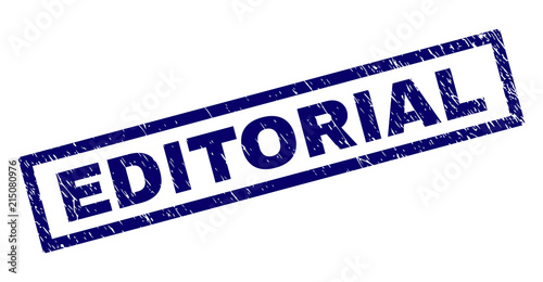 Rectangle EDITORIAL seal print with corroded style. Rubber seal imitation has rectangle frame. Blue vector rubber print of EDITORIAL tag with scratched texture.