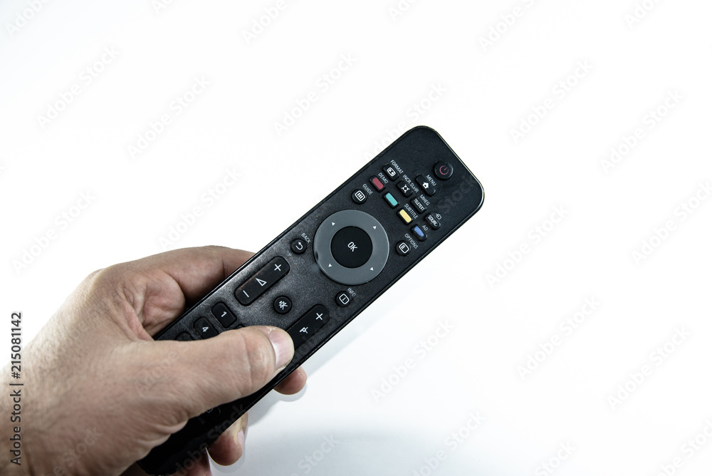 man holding television remote control isolated on white background man holding television remote control isolated on white background