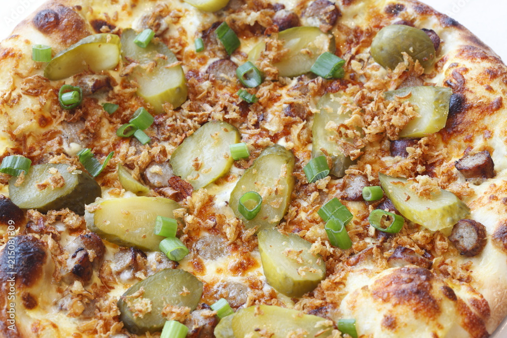 Pizza mit Röstzwiebeln, Lauch, Gurken, Käse und Fleisch Pizza mit Röstzwiebeln, Lauch, Gurken, Käse und Fleisch