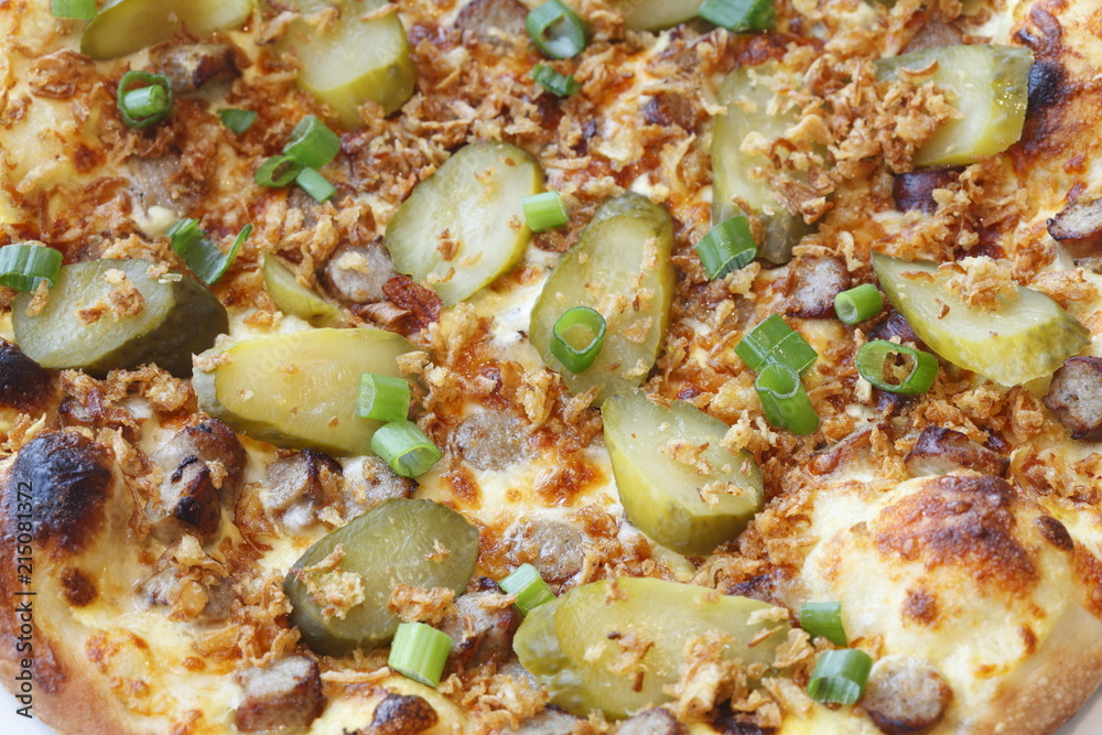 Pizza mit Röstzwiebeln, Lauch, Gurken, Käse und Fleisch Pizza mit Röstzwiebeln, Lauch, Gurken, Käse und Fleisch