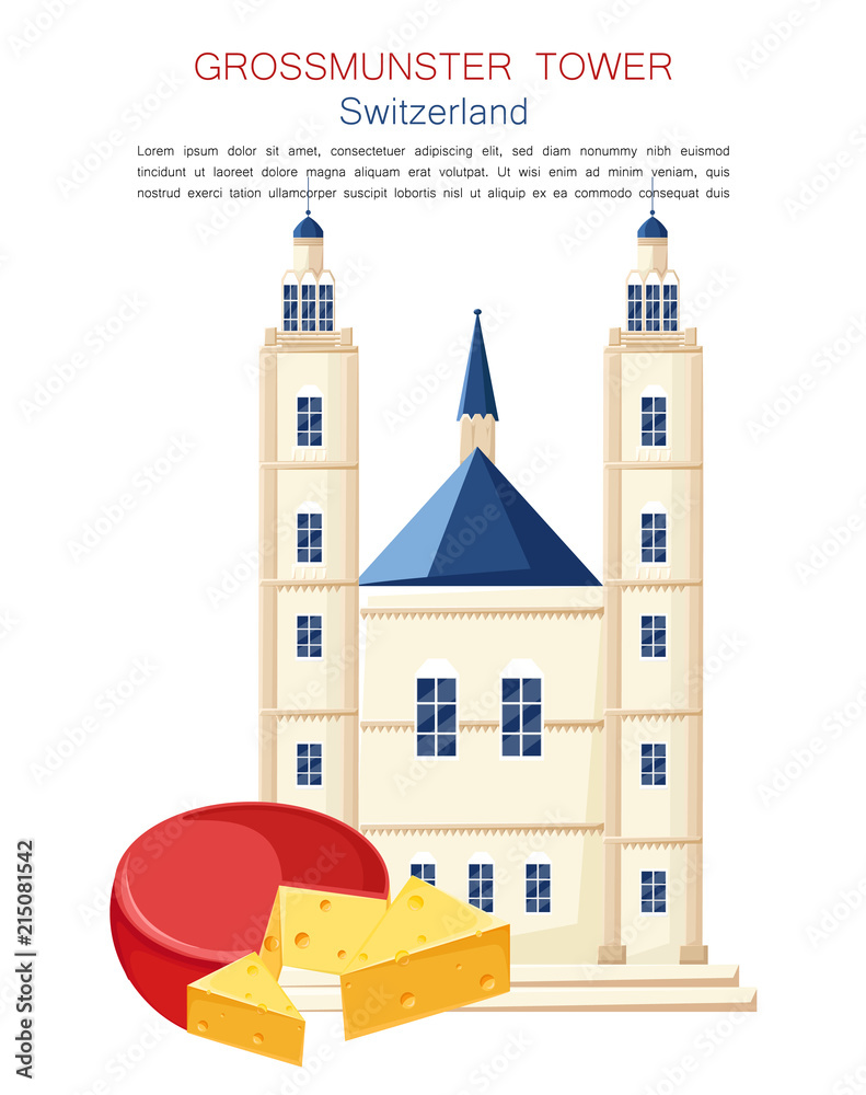 Grossmunster Tower famous landmark in Switzerland Vector architecture. Cheese symbol of national cuisines