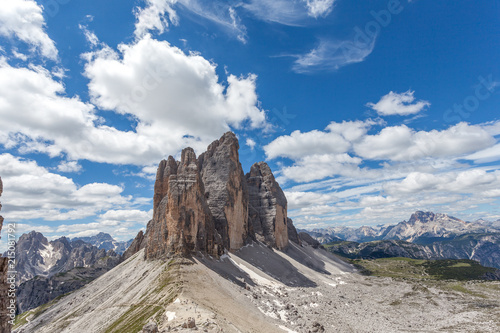 View of the Tre Cime di Lavaredo eastern side and Lavaredo Pass , Dolomites, Italy