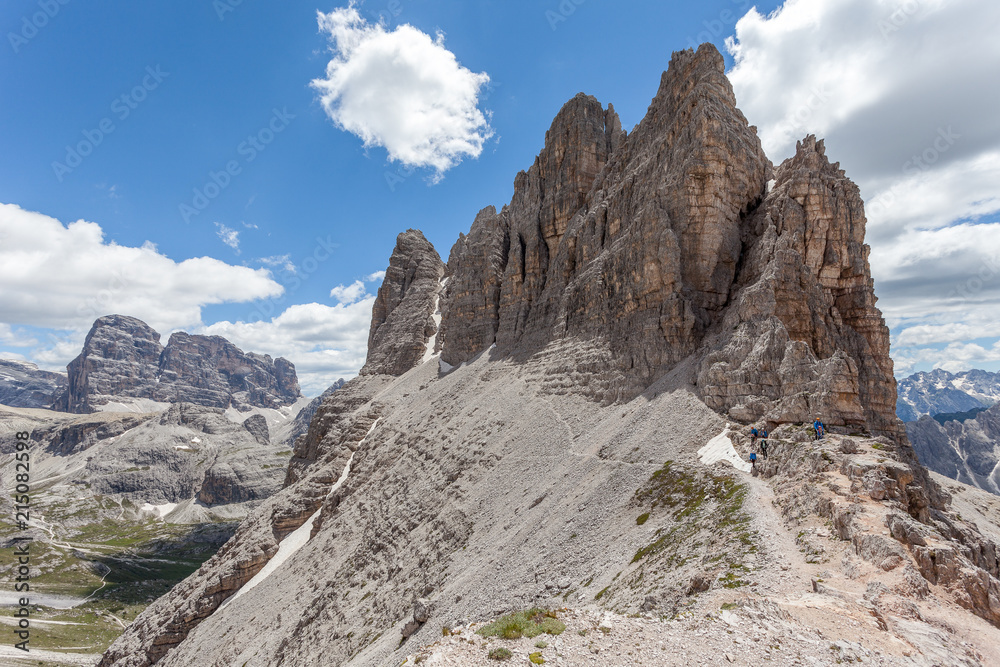 View of mountaineers at the of the Croda di Passaporto, Tre Cime di Lavaredo, Dolomites, Italy