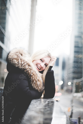 blondie smiling in winter