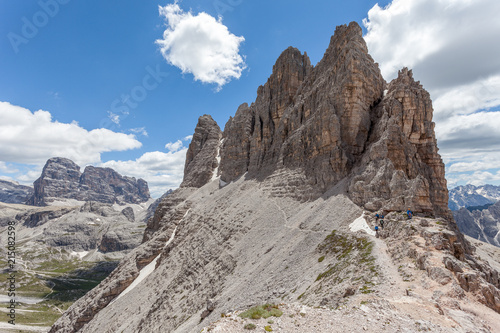 View of mountaineers at the of the Croda di Passaporto, Tre Cime di Lavaredo, Dolomites, Italy © Gianluca