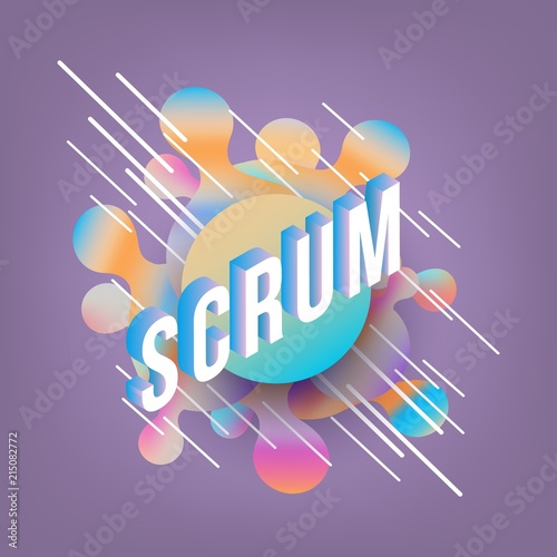 Scrum isometric gradient text design on abstract geometric fluid colors shapes and bubbles on deep violet background - vector illustration of trendy volumetric effect of software development term.