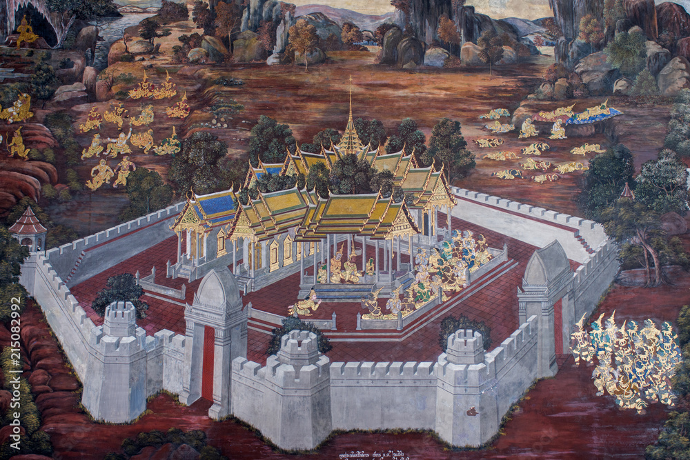 Obraz premium BANGKOK, THAILAND - June 3, 2018:Ancient Thai mural painting of Ramakien epic inside of Wat Phra Kaew in Bangkok, Thailand.Ramakien is national epic of Thailand derived from Hindu Ramayana epic.
