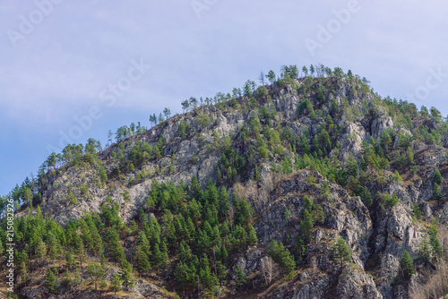 Beautiful rocky green mountain with greenery. Natural textured background with rock and sky.