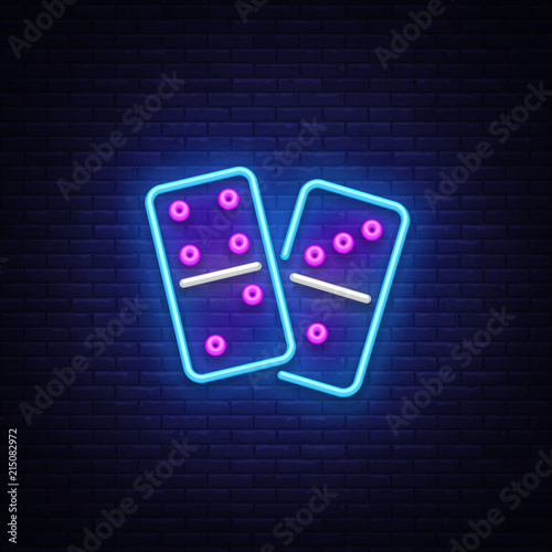 Domino Neon Logo Vector. Domino neon sign, design template, modern trend design, night neon signboard, night bright advertising, light banner, light art. Vector illustration
