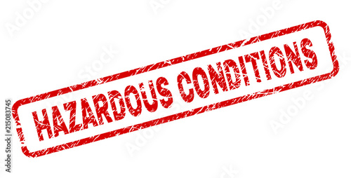 HAZARDOUS CONDITIONS stamp seal print with distress style. Red vector rubber print of HAZARDOUS CONDITIONS text with unclean texture. Text title is placed inside rounded rectangle frame.
