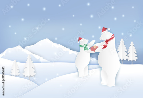 Family's Polar bear with gift boxes and snow paper art style. paper art, paper craft background