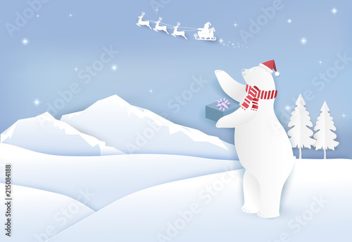 Santa and Polar bear with gift boxes and snow paper art style. paper art, paper craft background