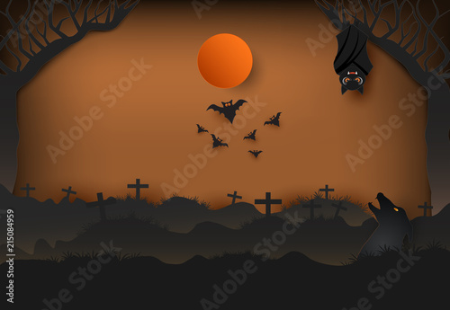 Paper art of bat and wolf silhouette Halloween paper art background