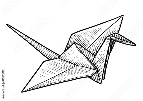 Crane origami illustration, drawing, engraving, ink, line art, vector