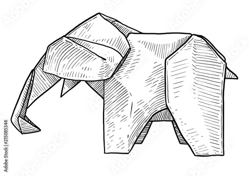 Elephant origami illustration, drawing, engraving, ink, line art, vector