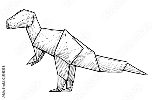 Dinosaur origami illustration, drawing, engraving, ink, line art, vector