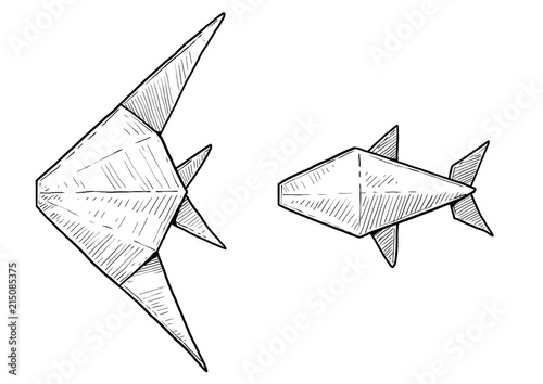 Fish origami illustration, drawing, engraving, ink, line art, vector