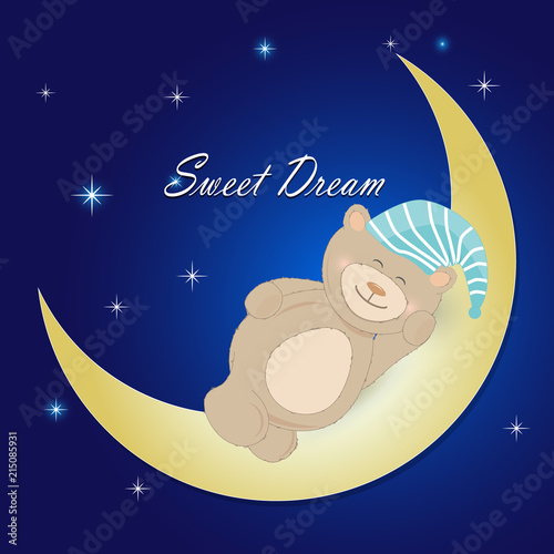 Teddy bear sleeping on the moon on nigjt sky background photo