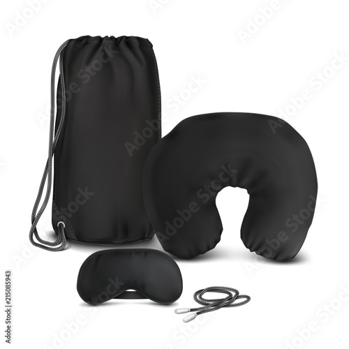 Vector. Mock Up. Black Set for sleep_(Air pillow, Backpack bag, Blindfold, Earplugs)