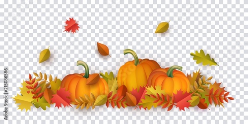Autumn leaves and pumpkins pattern on transparent background. Seasonal floral maple oak tree orange leaves with gourds for thanksgiving holiday, harvest decoration vector design. photo