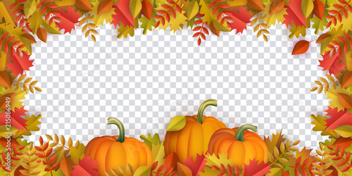 Autumn leaves and pumpkins border frame with space text on transparent background. Seasonal floral maple oak tree orange leaves with gourds for thanksgiving holiday, harvest decoration vector design.
