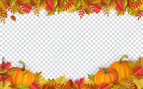 Autumn leaves and pumpkins border frame with space text on transparent background. Seasonal floral maple oak tree orange leaves with gourds for thanksgiving holiday, harvest decoration vector design.
