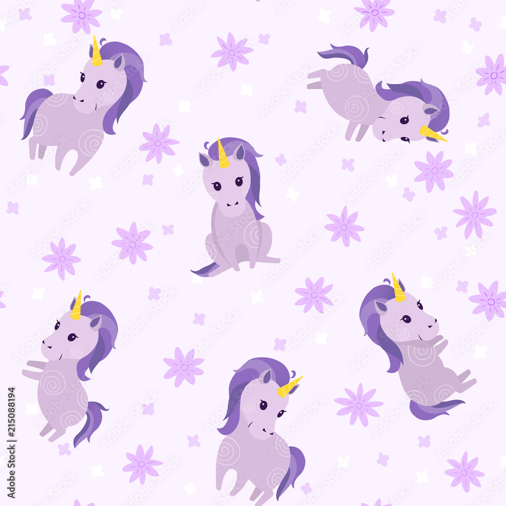 Seamless cute pattern with cute violet unicorns and flowers. Pretty hand drawn vector texture. Childish texture for fabric, textile.