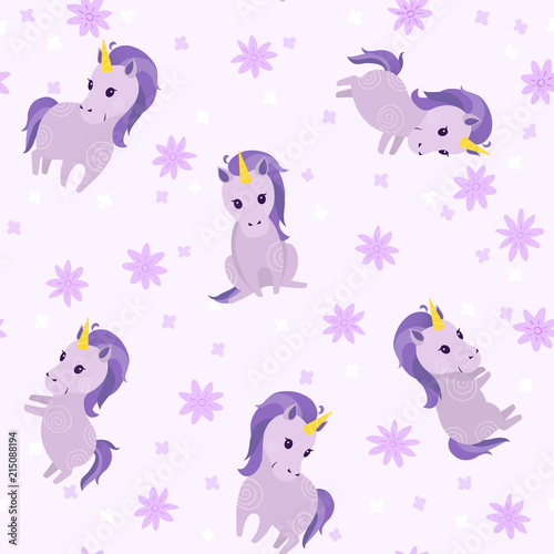 Seamless cute pattern with cute violet unicorns and flowers. Pretty hand drawn vector texture. Childish texture for fabric  textile.