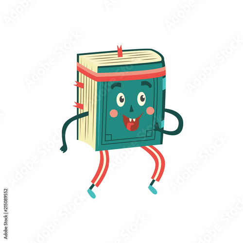 Flat book character athlete jogging or running with smile at face. Vector humanized sport textbook for kindergarten, preschool and school kids design.