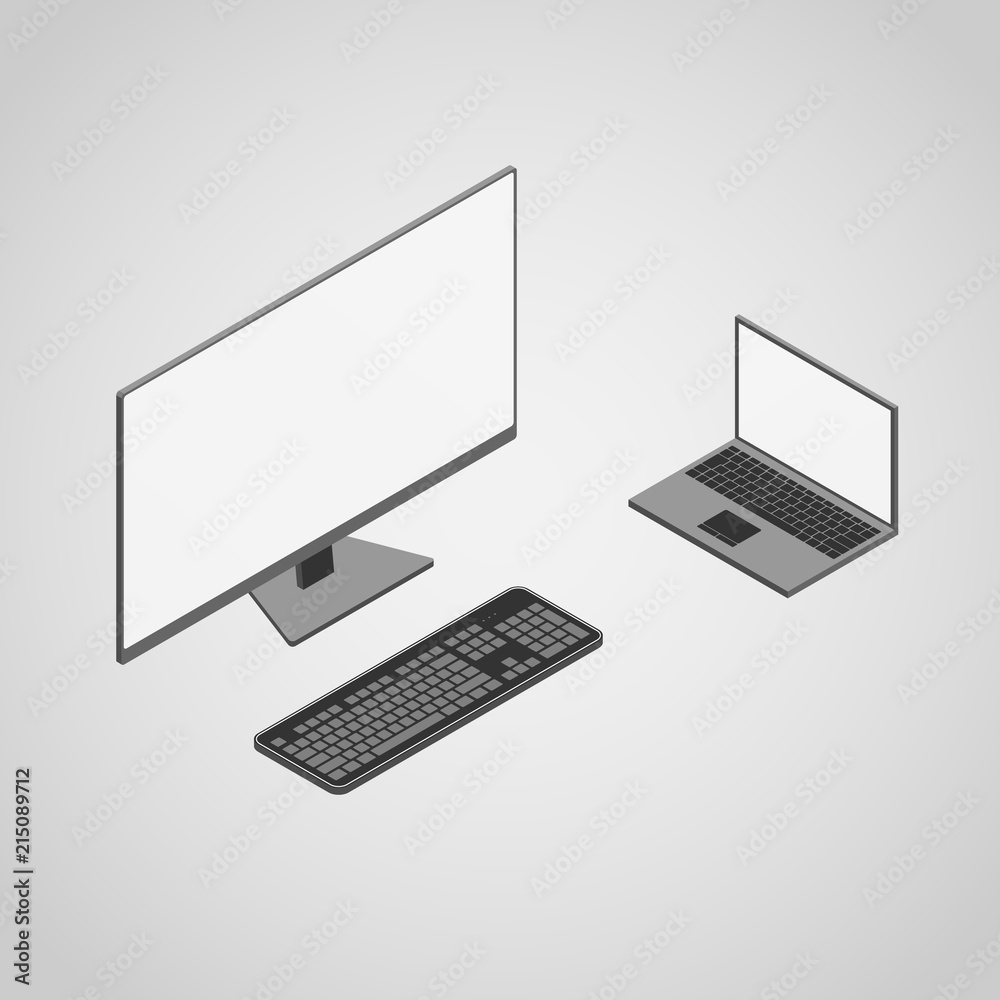 Isometric desktop computer and laptop with keyboard Isometric desktop computer and laptop with keyboard