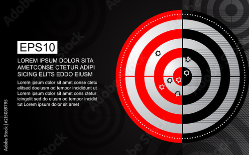Abstract red target, shooting range with bullet hole on black and white background. Business target goal vector illustration concept.