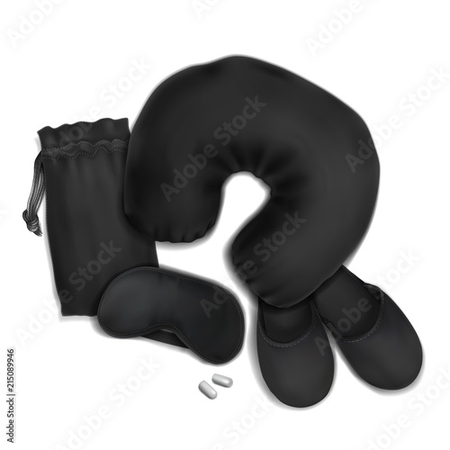 Vector. Mock Up. Black Set for sleep_(Air pillow, Pouch, Blindfold, Earplugs, Slippers)