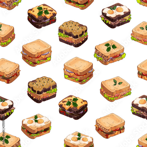 Pattern of vector colorful illustrations on the fast food theme; set of different kinds of sandwiches. Pictures contain realistic shadows and glare.