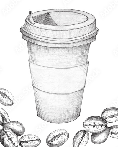 Cup of coffee with coffee beans hand drawn