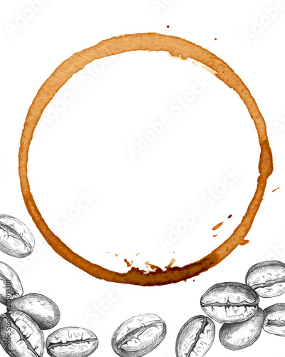 Hand drawn coffee beans and watercolor spot isolated on white
