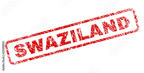 SWAZILAND stamp seal print with distress style. Red vector rubber print of SWAZILAND title with unclean texture. Text title is placed inside rounded rectangle frame.