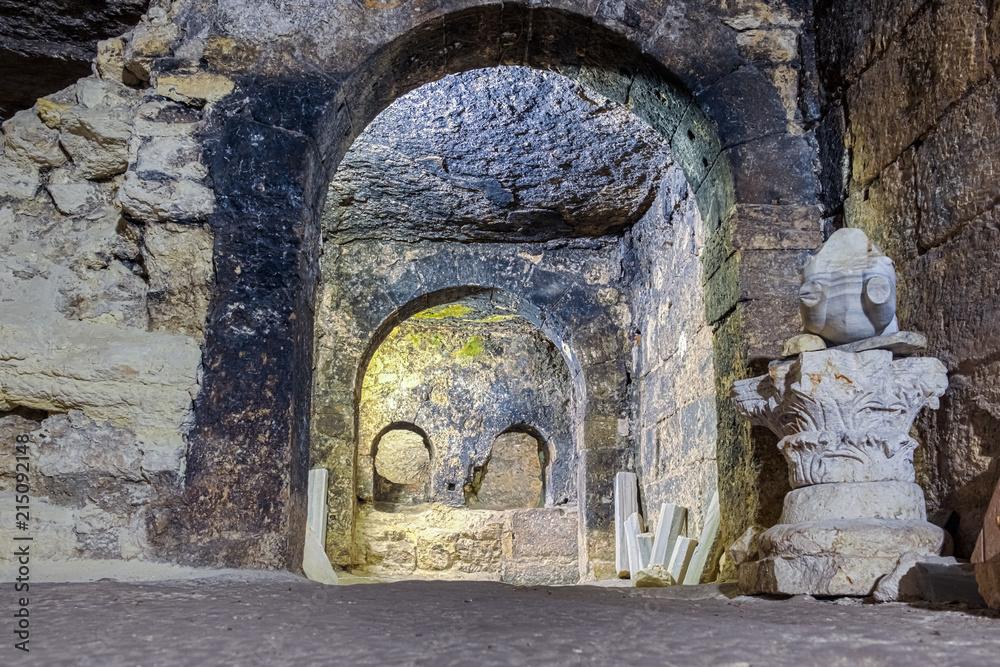 Obraz premium Interior of Aya Tekla underground cave Church also known as Saint Aya Thecla ,Aya Thekla, is ruined historic church of Byzantine.Silifke,Mersin,Turkey.