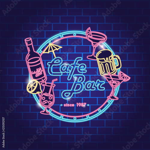 Neon cafe and bar signboard.