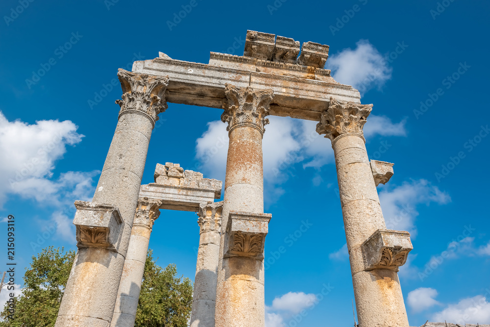 Marble Ceremonial Gate columns entrance of  Uzuncaburc Ancient city located in Uzuncaburc,Silifke,Mersin,Turkey