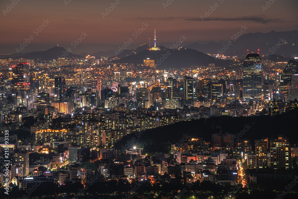 Seoul city skyline and seoul tower at night in Korea.