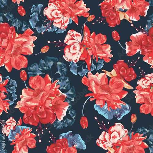 Fototapeta Naklejka Na Ścianę i Meble -  Red Vector Seamless Botanical Pattern