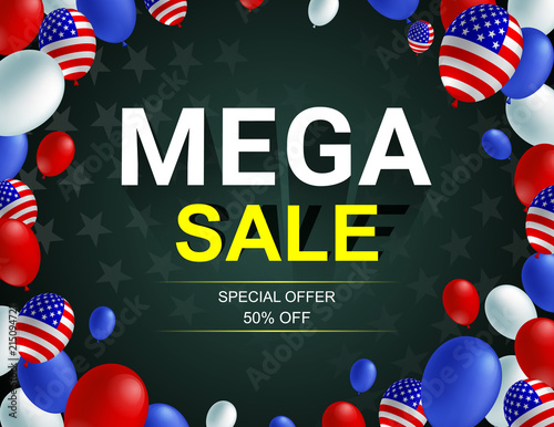 Mega sale poster flyer banner vector illustration. American flag balloon on dark background design. Holiday celebration concept advertising.